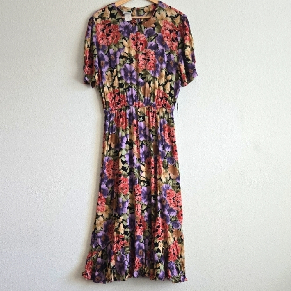 Vintage Grandmacore Floral Multicolor Midi Dress Cottagecore Western Boho